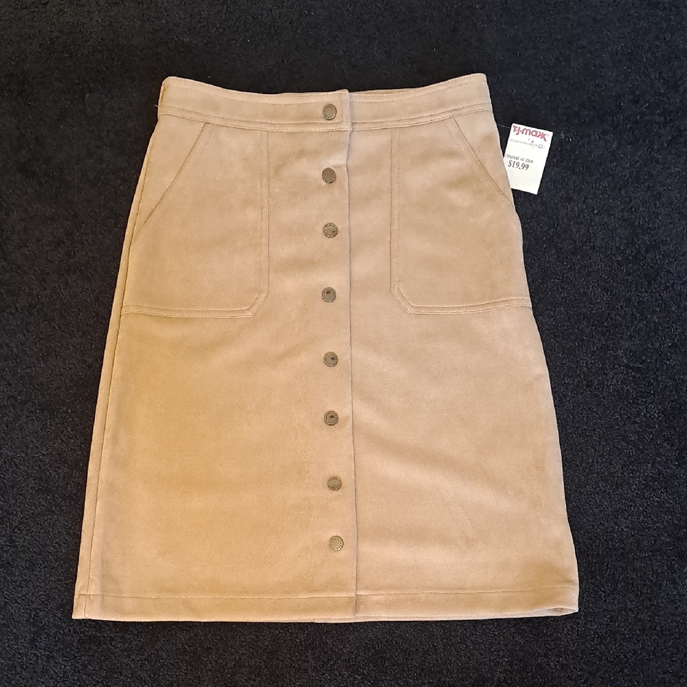 Tahari Tan Faux Suede Buttoned Pencil Skirt